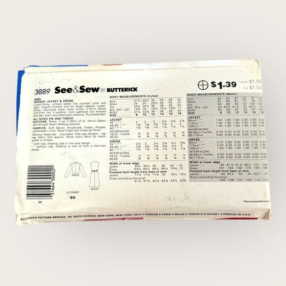 Vintage Butterick Sewing Pattern 3889 Misses Dress Jacket Size 8-18 - Picture 2 of 2